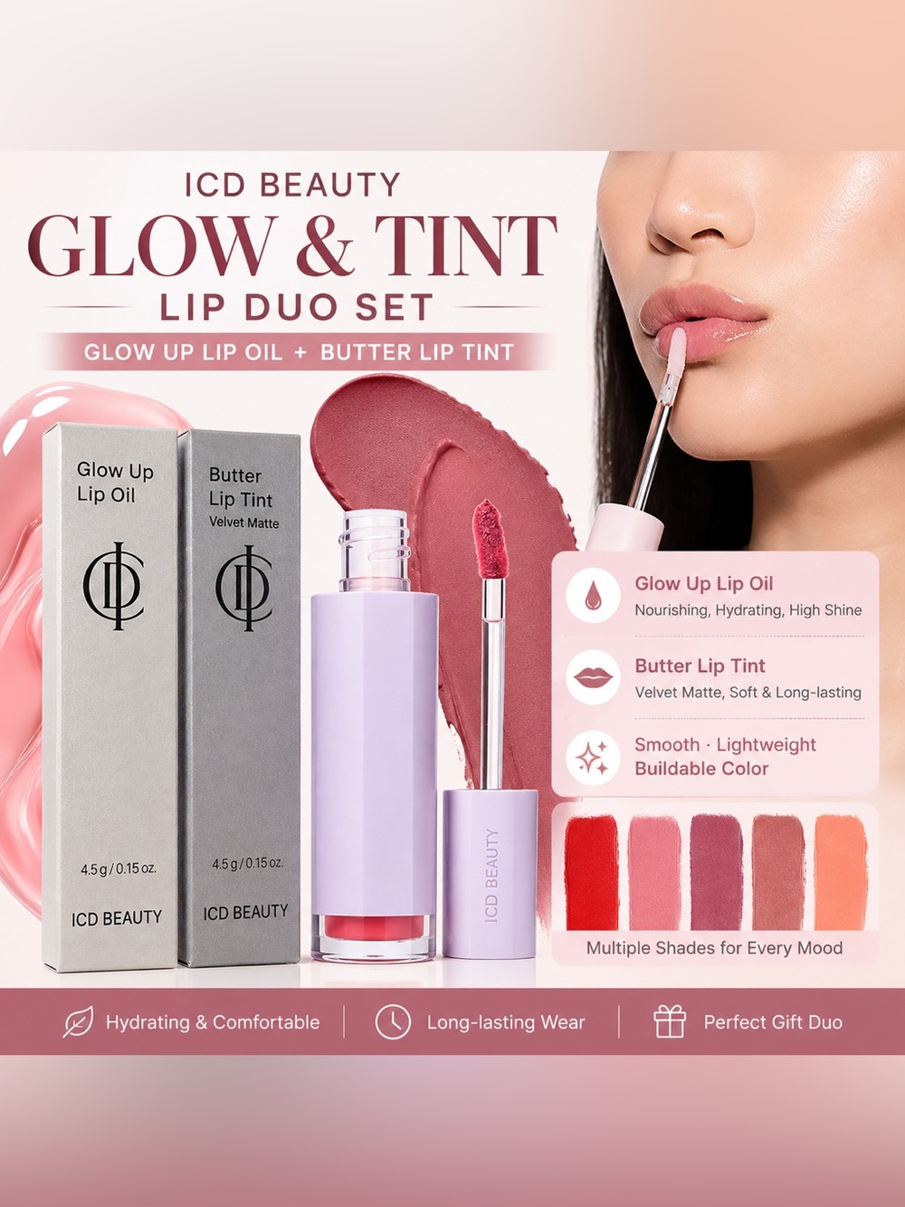 ICD BEAUTY Glow Up Lip Oil & Butter Lip Tint Velvet Matte Symphony Pink 15